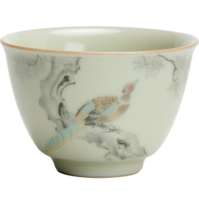 栖梧  秘黄色汝窑花鸟图品茗杯压手杯主人杯茶杯陶瓷仿宋功夫茶具