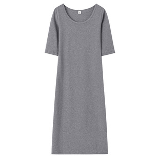 灰色圆领中袖连衣裙春季新款2025年中长裙包臀紧身显瘦黑色裙子