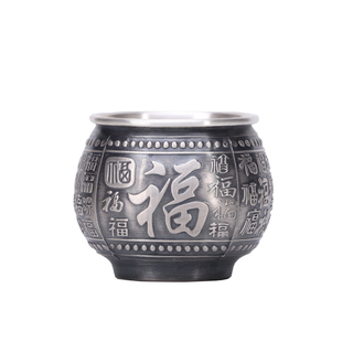 银杯子999纯银大主人杯手工双层隔热银茶杯把手品茗杯家用银茶杯