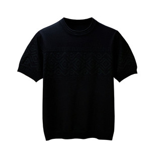 夏季男款上衣高级纯色修身打底衫男 潮流黑色针织提花男士短袖t恤