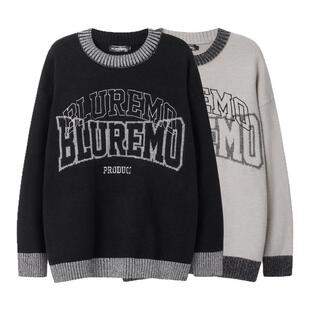 BLUREMO/模糊情绪冬季美式街头金属线绣花字母宽松圆领针织毛衣潮