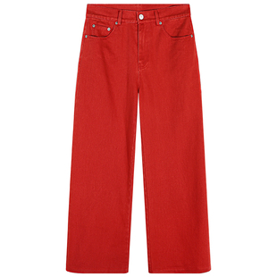 落落狷介 版型超好看的裤子2025新款秋冬红色牛仔裤小个子直筒裤