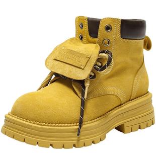 百丽荒野来信马丁靴厚底翻盖大黄靴女靴子工装短靴中筒靴B2745DD5