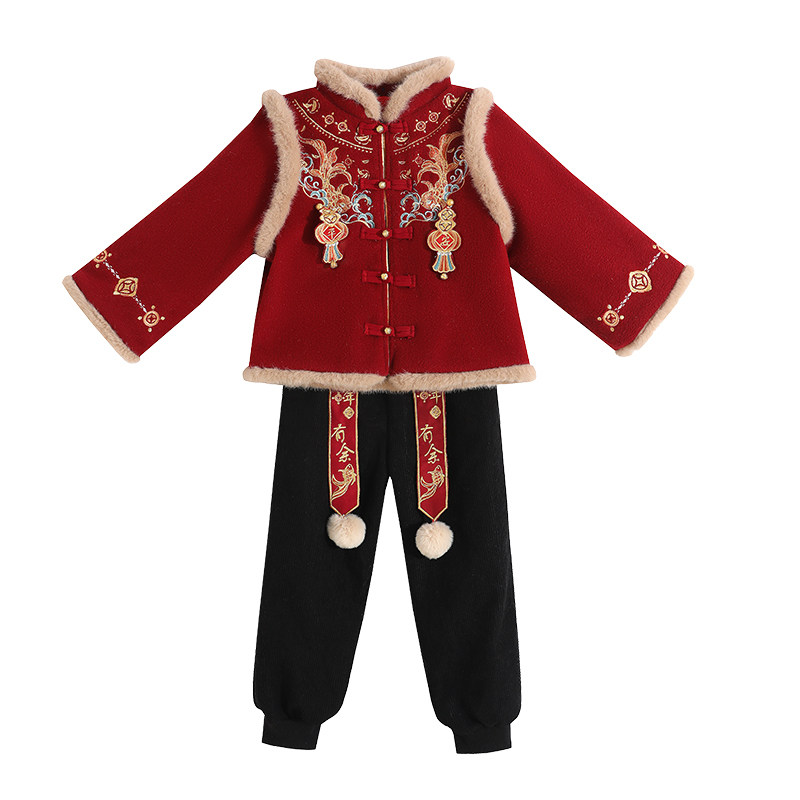 新款男女童汉服冬季儿童拜年服加厚套装锦鲤红色喜庆过年服兄妹装