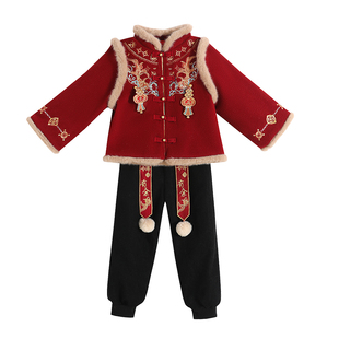 新款男女童汉服冬季儿童拜年服加厚套装锦鲤红色喜庆过年服兄妹装