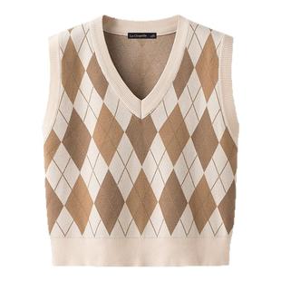 拉夏贝尔/La ChapelleV领菱形格针织马甲女秋冬新款百搭背心毛衣