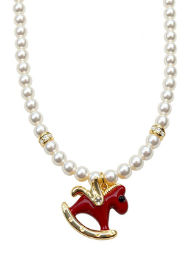 少女感喜庆红色小马珍珠项链女