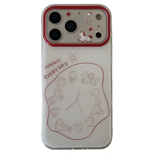 独壳 红色线条时钟小马带挂绳适用苹果17promax手机壳创意卡通iPhone16新款15防摔14pro女款13双层手机套硬壳
