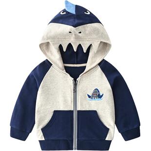 儿童鲨鱼外套纯棉A类不加绒立体海洋新年红色男童连帽拉链卫衣秋