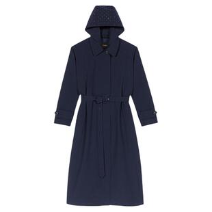 Maje2026早春新款女装法式时尚可拆卸仿钻饰帽兜系带长款风衣外套