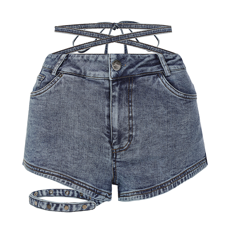 NOLA独家定制复古水洗绑带牛仔裤—— Bandage denim shorts