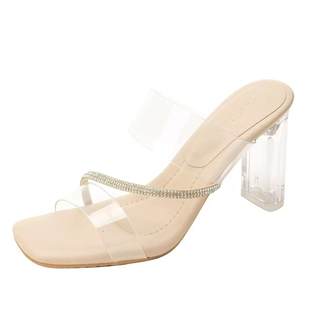 踩屎感~羊皮7cm水钻一字带粗跟凉鞋女夏季透明带仙女风高跟鞋拖鞋