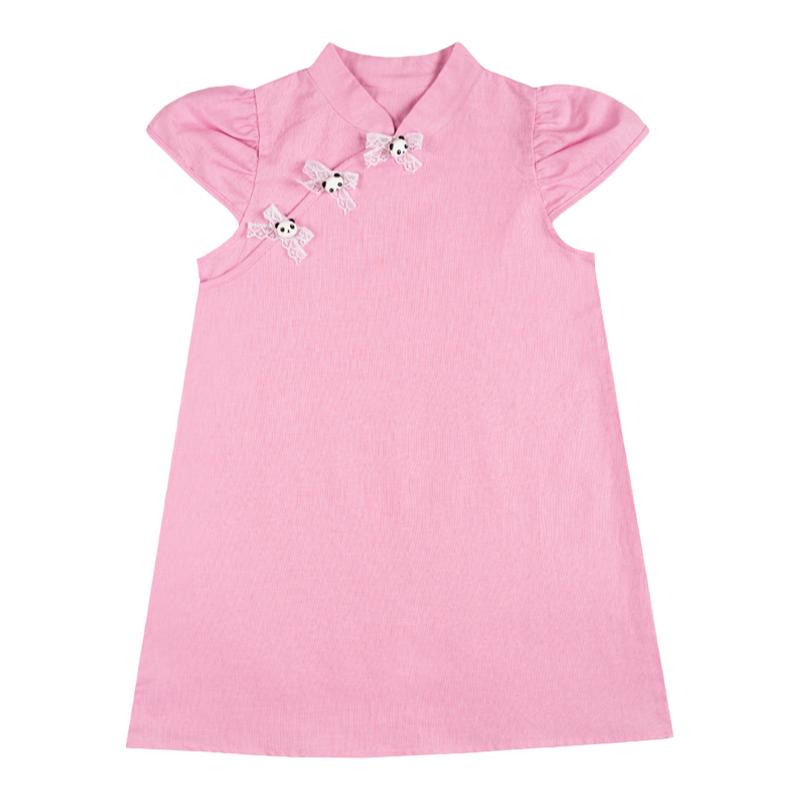 女童旗袍改良连衣裙夏季短袖裙子复古国风洋气公主裙亚麻棉新中式