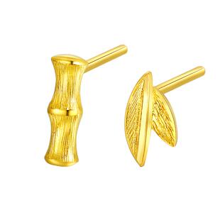 赛菲尔黄金耳钉足金999.9竹节高升竹韵叶子拉丝轻盈耳环女款送礼