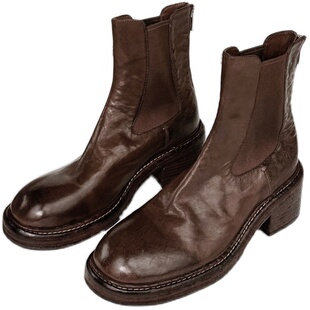 InkingPot彭姐 水洗马皮圆头后拉链瘦瘦靴粗跟切尔西固特异短靴