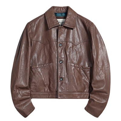 MCS绵羊皮革翻领短款皮衣夹克女