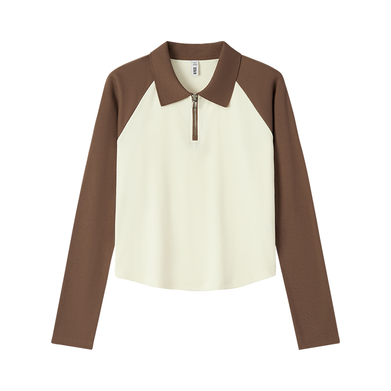 森马拼色插肩袖修身短款POLO衫女