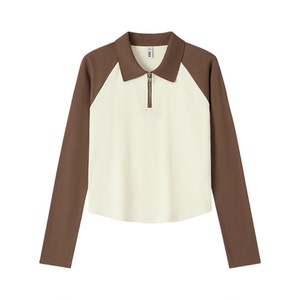 森马POLO衫女短款拼色插肩袖修身上衣小个子复古秋显瘦套头衫时尚