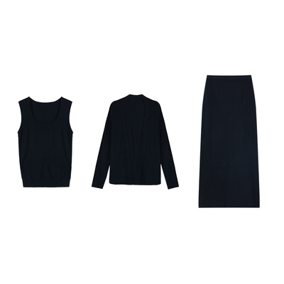 pusumede 羊毛混纺 针织开衫长袖上衣女背心吊带后开叉半裙三件套