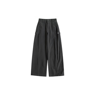 深灰色弯刀工装裤女冬季加绒胖妹妹mm高腰宽松显瘦阔腿休闲裤子潮