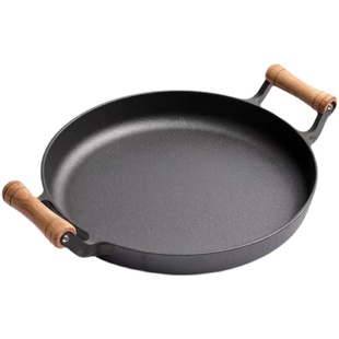 老式铸铁平底锅双耳烙饼锅无涂层鏊子家用生煎包专用锅摊煎饼铁锅