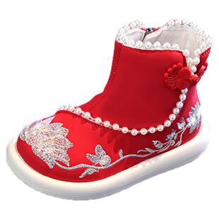 官网C&K女童汉服鞋春季2026新款儿童红色拜年女孩古风公主绣花鞋