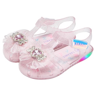 泰兰尼斯童鞋公主闪灯鞋水晶鞋果冻凉鞋宝宝软底鞋女童粉色透明鞋