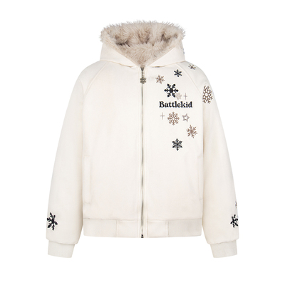 SREK新款高街风雪花印花连帽拉链棉服男女同款宽松毛领开衫外套