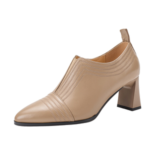 星期六2026新款春季真皮羊皮粗跟单鞋深口女鞋复古法式尖头高跟鞋