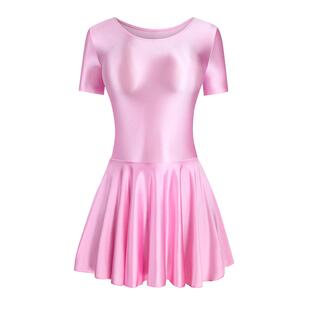 云襟光泽丝滑连体紧身泳衣芭蕾舞裙练功裙运动瑜伽短袖形体裙舞服