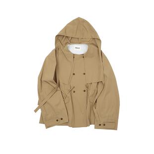 fafamoon设计师品牌 秋冬时尚大翻领系带连帽纯色短款风衣外套女