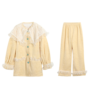 原创蕾丝睡衣女法兰绒秋冬季加绒加厚两件套保暖半边绒家居服新