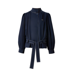 【烟海梦鳞】Uena明星同款藏蓝色拼接格纹立领宽松休闲外套附腰带