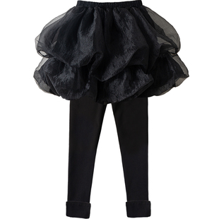 女童假两件长裤网纱蛋糕裙裤儿童裤裙加绒加厚打底裤裤子秋冬