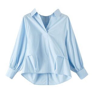 晚白2026年春新款经典时尚法式V领全棉上衣干练亲肤大码衬衫女