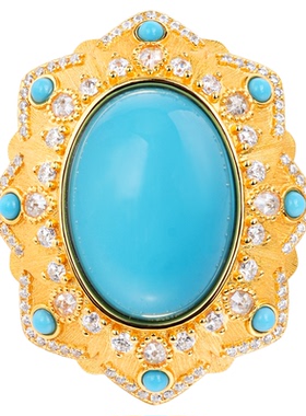 VISING珠宝国风黄金色戒指人工蓝松鸽子蛋手工刻丝S925银