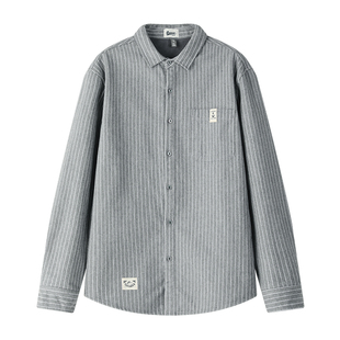 兔先森冬季日系细条纹贴标加绒加厚衬衫男长袖北极绒内里修身衬衣