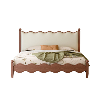 中古风实木涟漪床1米8双人真皮储物床小户型法式复古主卧软包床架