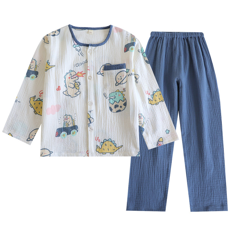 春夏全棉双层纱布儿童男童睡衣长袖套装A类圆领中大童纯棉家居服