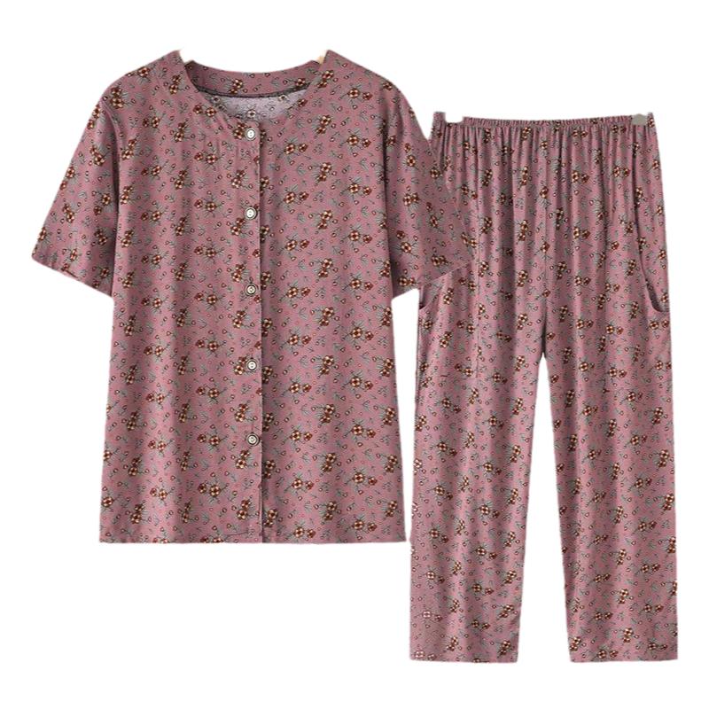 老人衣服外穿女装棉绸睡衣女夏薄款纯棉绵绸开衫中老年家居服套装