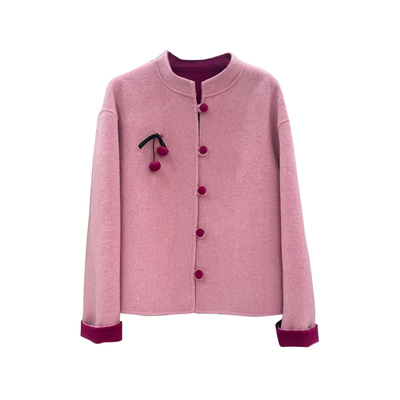 100%纯羊毛樱桃胸针中式羊绒大衣