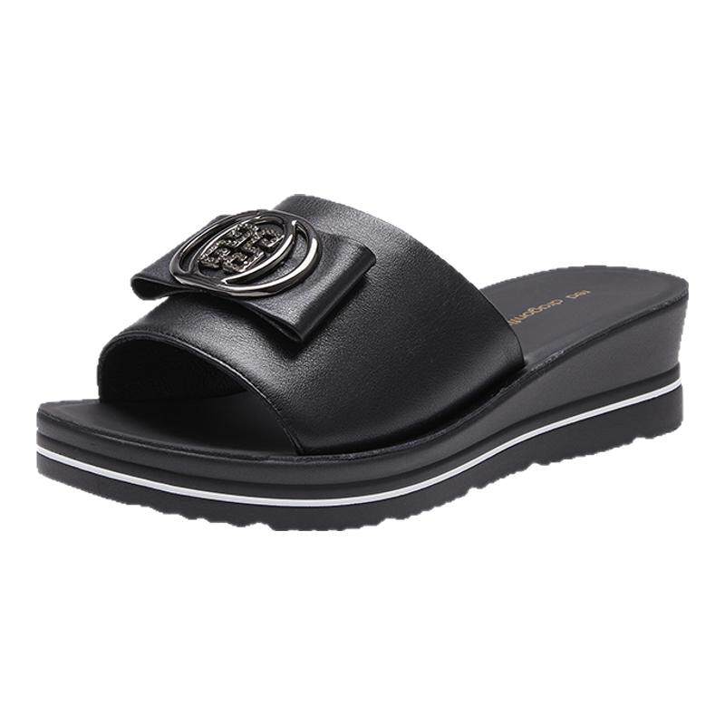红蜻蜓夏季厚底坡跟凉一字拖鞋女