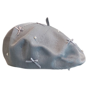 赵露思同款棉纱针织贝雷帽女夏季薄款百搭珍珠蝴蝶结显脸小画家帽