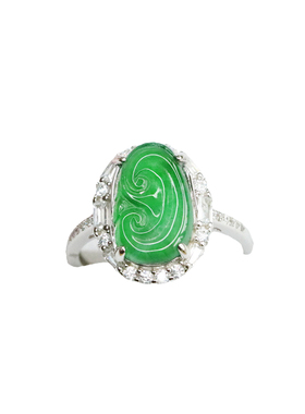 S925银镶天然A货翡翠冰种帝王绿如意戒指玉石女士气质简约手饰品