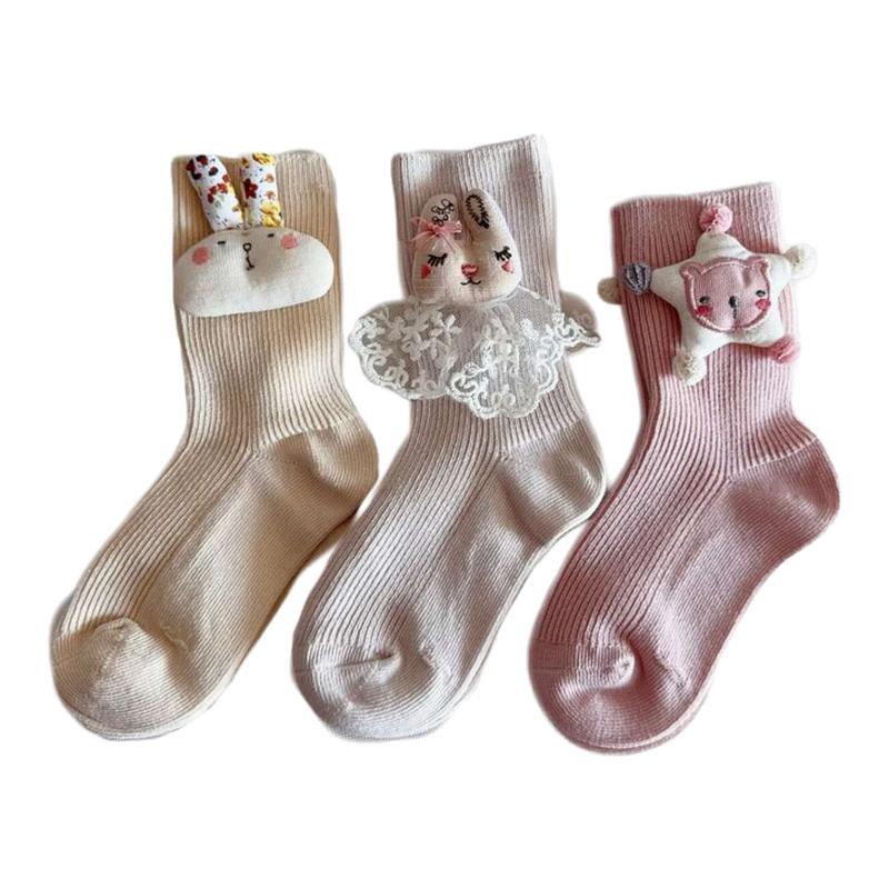 3包邮-春季新女童立体手工布艺兔子可爱网红中筒袜女宝宝布偶袜
