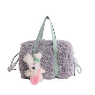 韩版高颜值甜美少女风毛绒包包女手提带拉链简约休闲款单肩斜挎包