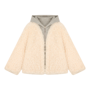 Amybaby女童套装冬季2025新款假两件连帽加厚拼接毛毛外套百褶裙