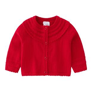 拉果新生婴儿衣服2026秋季长袖娃娃领哈衣女宝宝洋气红色毛衣外套