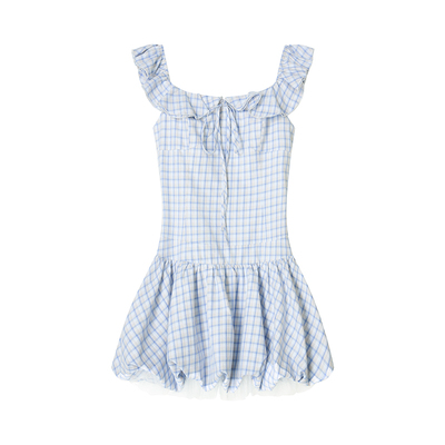 Uena蓝色格纹吊带花苞连衣裙