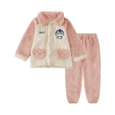 千趣会童装冬季儿童家居服睡衣加厚男童女童珊瑚绒可外穿套装